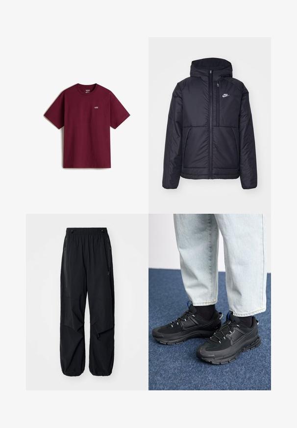 Musta, pehmustettu Nike-takki, jossa on etuvetoketju ja huppu. Vasemmassa rinnassa on valkoinen logo ja takissa on kaksinkertaiset etutaskut. Pintakoe on sileä.; T-paita tummanpunaisesta puuvillasta, jossa on lyhyet hihat, pyöreä kaula-aukko ja pieni valkoinen Vans-logo vasemmassa rinnassa. Sileä pinta, rento malli.; Mustat kevyet cargo-housut, joissa on joustava vyötärö, sivuvetoketjut ja tilavat taskut. Ominaisuuksiin kuuluu rento istuvuus ja kapenevat hihnat.; Mustat urheilukengät, joissa on teksturoitu kangas ja kumipohjat, elastiset nauhat ja sininen yksityiskohta kannassa. Yhdistetty vaaleisiin farkkuihin.
