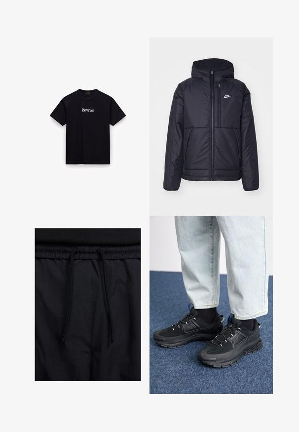 Melna, pufota Nike jaka ar priekšējo rāvējslēdzēju un kapuci. Iezīmēta ar baltu logotipu uz kreisās krūtis un divām priekšējām kabatām. Gluda ārējā tekstūra.; Melnas kokvilnas T-krekls ar apaļu dekoltē, īsām piedurknēm un baltu stilizētu tekstu logotipu uz krūtīm. Gluda tekstūra, ikdienas piegriezums.; Melni šorti ar sašūtu jostu, viegls audums ar gludu tekstūru un vienkāršs dizains bez redzamiem logotipiem vai paraugiem.; Melni sporta apavi ar strukturētu audumu un gumijas zoli, ar elastīgām auklām un zilu akcentu uz papēža. Nēsāti ar gaišām džinsu biksēm.