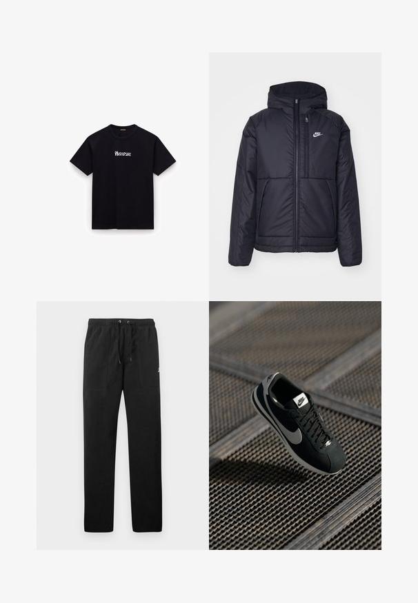 Svart, vadderad Nike-jacka med dragkedja framtill och huva. Har en vit logotyp på vänster bröst och dubbla framfickor. Slät yttextur.; Svart bomullströja med rund hals, korta ärmar och vit stiliserad textlogga på bröstet. Slät textur, avslappnad passform.; Svarta sweatpants i fleece, med resårmidja och dragsko, två framfickor och en liten logotyp på låret.; Svarta Nike-sneakers med grå accenter, material i mocka och nät, texturerad sula, smal form och klassisk snördesign.