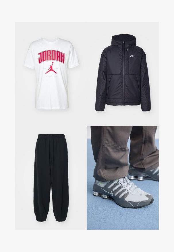 Sort, polstret Nike-jakke med frontlynlås og hætte. Har et hvidt logo på venstre bryst og to frontlommer. Glat ydre tekstur.; Hvid bomulds-T-shirt med fed rød "JORDAN" tekst og et rødt Jumpman-logo. Korte ærmer og klassisk crew neck design.; Sorte svedbukser med elastisk talje, løs pasform, afsluttede ankler, glat tekstur og uden synlige mønstre eller hardware-detaljer.; Grå og sølv Nike Shox sneakers har et slankt design med mesh og syntetiske materialer, en rund tå og en polstret krave.