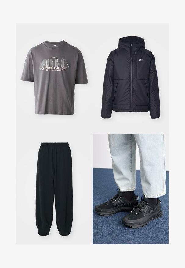 Svart, polstret Nike-jakke med frontglidelås og hette. Har en hvit logo på venstre bryst og doble frontlommer. Glatt ytterside.; Grå bomull T-skjorte med kortermet, med en glansfull "ALPHA STUDIO EDITION" logo i flerfargede bokstaver sentrert på forsiden.; Sorte, joggebukser med elastisk liv, løs passform, mansjetter på ankler, glatt tekstur og uten synlige mønstre eller hardware-detaljer.; Svarte sportssko med teksturert stoff og gummisåler, med elastiske lisser og en blå detalj på hælen. Brukt med lyse denimbukser.