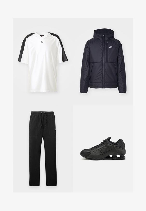 Juodas, paminkštintas Nike džemperis su priekyje užtrauktuku ir gobtuvu. Pasižymi balta logo kairėje krūtinės pusėje ir dviem priekinėmis kišenėmis. Su lygiu išoriniu paviršiumi.; Balta sportinė marškinėliai su juodais trumpais rankovėmis. Turintis v-kaklą ir mažą juodą logotipą ant krūtinės. Lygus paviršius, laisvas kirpimas.; Juodos vilnonės kelnės su elastiniu juosmeniu ir raišteliais, dviem priekinėmis kišenėmis ir maža slogo ant šlaunies.; Juodi bėgimo bateliai su lygiu sintetiniu paviršiumi, perforuotomis detalėmis, tekstūruotais šonų skydeliais ir išskirtiniu elastingu padu.