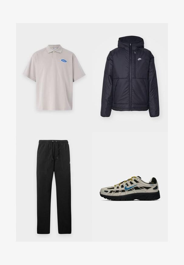 Černá zateplená bunda Nike s předním zipem a kapucí. Na levé straně hrudi má bílé logo a dvojité přední kapsy. Hladký povrch.; Šedé polo tričko vyrobené z bavlněné směsi, s krátkými rukávy, klasickým límcem a modrou logem na levé části hrudi.; Černé teplákové kalhoty vyrobené z fleecu, s elastickým pasem a šňůrkami, dvěma předními kapsami a malým logem na stehně.; Béžové a černé tenisky Nike P-6000 s modrým logem swoosh, žlutými tkaničkami, černou podrážkou a štítkem z Cordura tkaniny na patě.