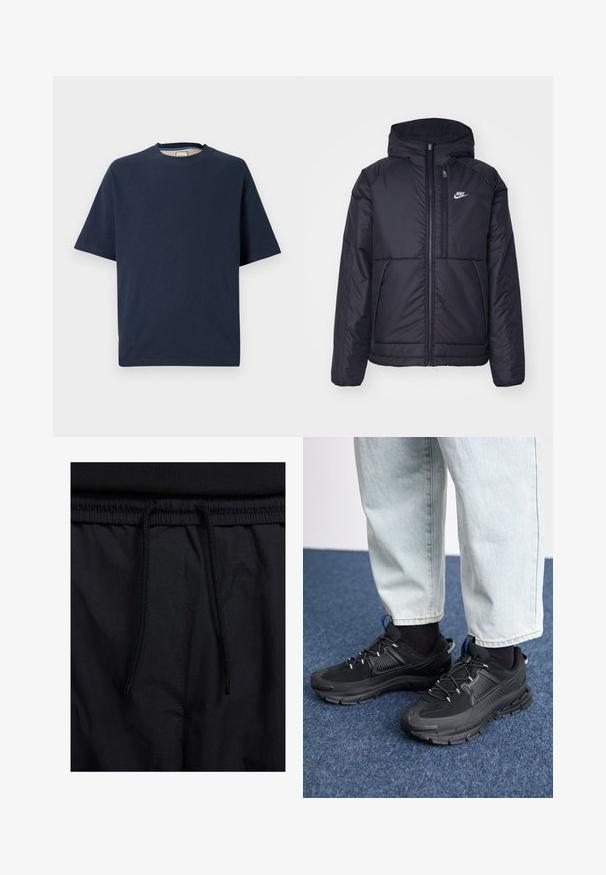 Črna, podložena Nike jakna z sprednjim zadrgo in kapuco. Ima bel logo na levem prsnem delu in dvojna sprednja žepa. Gladka zunanja tekstura.; Temno modra majica s kratkimi rokavi iz bombažnega materiala, z okroglim izrezom in ravnim robom. Gladka tekstura brez vidnih vzorcev ali okrasnih elementov.; Črne kratke hlače z vrvico v pasu, lahkotna tkanina z gladko teksturo in preprosto zasnovo brez vidnih logotipov ali vzorcev.; Črne športne čevlje z teksturirano tkanino in gumijastimi podplati, ki imajo elastične vezalke ter modre poudarke na peti. Nosi se z lahkimi denim hlačami.