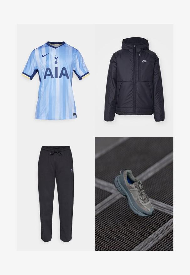 Veste Nike noire rembourrée avec une fermeture éclair sur le devant et une capuche. Elle présente un logo blanc sur la poitrine gauche et deux poches avant. Texture extérieure lisse.; Maillot de football bleu clair en tissu lisse, présentant des rayures verticales, un col bleu marine et "AIA" en lettres majuscules bleues marines.; Pantalons de survêtement noirs en tissu doux, avec une taille élastique, un cordon de serrage et un petit logo Nike sur la cuisse gauche.; Chaussure de sport beige et grise avec une tige en maille texturée, un bout arrondi et une semelle en caoutchouc, comportant des lacets et un col rembourré.