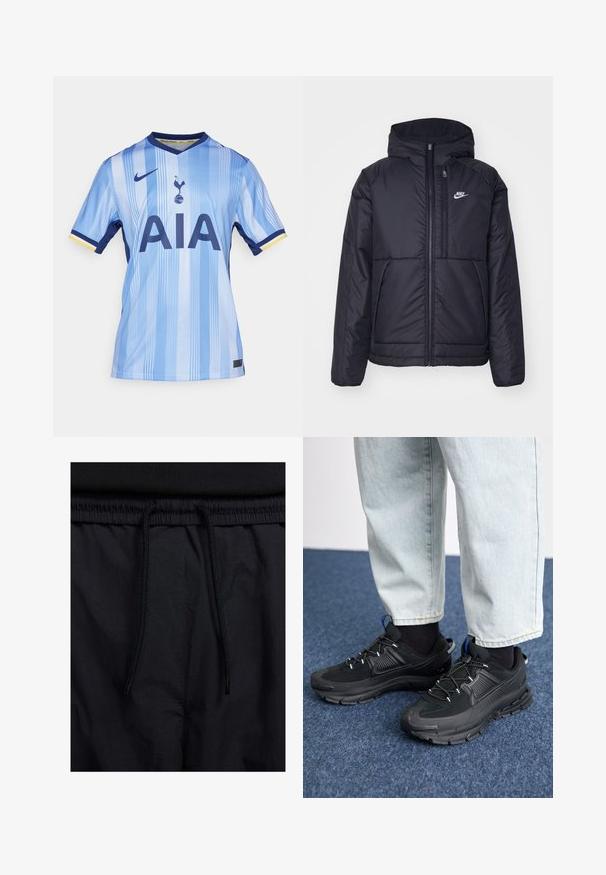 Črna, podložena Nike jakna z sprednjim zadrgo in kapuco. Ima bel logo na levem prsnem delu in dvojna sprednja žepa. Gladka zunanja tekstura.; Svetlo modra nogometna majica iz gladkega materiala, z navpičnimi črtami, temno modrim ovratnikom in "AIA" v bold temno modrih črkah.; Črne kratke hlače z vrvico v pasu, lahkotna tkanina z gladko teksturo in preprosto zasnovo brez vidnih logotipov ali vzorcev.; Črne športne čevlje z teksturirano tkanino in gumijastimi podplati, ki imajo elastične vezalke ter modre poudarke na peti. Nosi se z lahkimi denim hlačami.