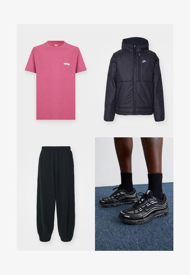 Juodas, paminkštintas Nike džemperis su priekyje užtrauktuku ir gobtuvu. Pasižymi balta logo kairėje krūtinės pusėje ir dviem priekinėmis kišenėmis. Su lygiu išoriniu paviršiumi.; Rožinė medvilninė marškinėliai su klasikiniu apvaliu kaklu. Yra mažas baltas "obey" logotipas kairėje krūtinės pusėje. Trumpomis rankovėmis ir tiesiu kraštu.; Juodi, su elastiniu juosmeniu sportiniai kelnės su laisvu siluetu, suapvalintais kulkšnimis, lygia tekstūra ir be matomų raštų ar metalinių akcentų.; Juodi Nike batai turi orui pralaidžią viršutinę dalį su akcento juostelėmis, tekstūruotais raišteliais ir juodu guminio pado. Dėvimi su juodais šonkauliniais sokais.