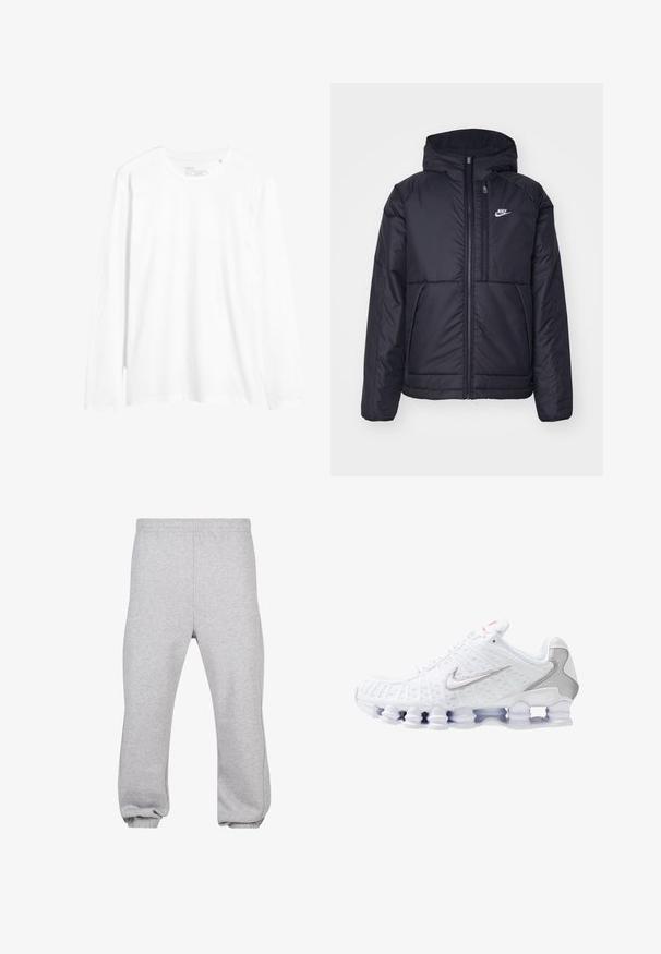 Čierna, polstrovaná bunda Nike so zipsom vpredu a kapucňou. Na ľavej strane hrude sa nachádza biele logo a sú tu dva predné vrecká. Hladký vonkajší povrch.; Dlhý rukáv, biele tričko vyrobené z bavlny. Má okrúhly výstrih, priliehavý strih a bočné rozparky na leme. Jednoduchý dizajn bez vzorov.; Sivé tepláky vyrobené z bavlnenej zmesi, s elastickým pásom, zúženými nohavicami a manžetami. Jednoduchý dizajn bez vzorov.; Biele športové tenisky s textúrovaným sieťovaným zvrškom, strieborným logom Nike, polstrovaním okolo členka a jedinečnou priesvitnou plastovou podrážkou so pružinami.