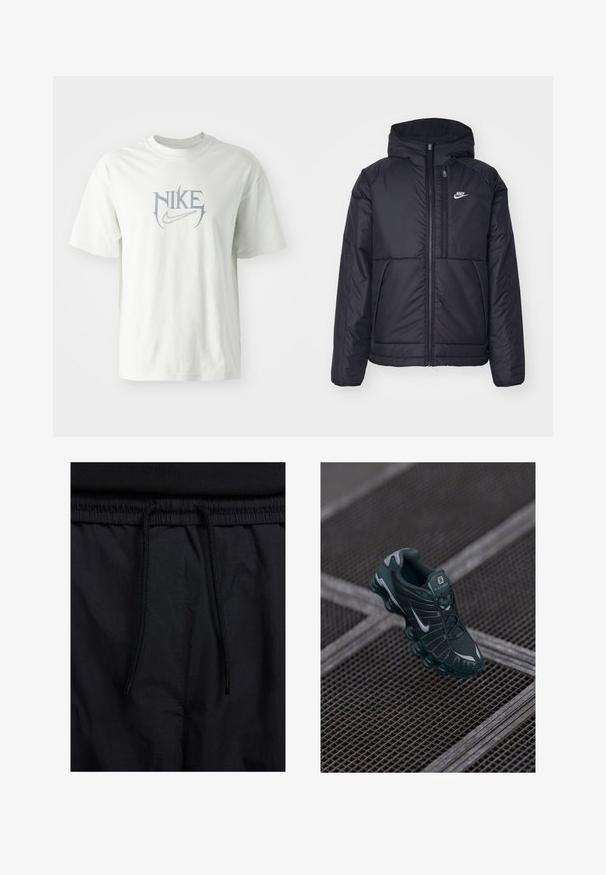 Črna, podložena Nike jakna z sprednjim zadrgo in kapuco. Ima bel logo na levem prsnem delu in dvojna sprednja žepa. Gladka zunanja tekstura.; Bela bombažna majica s krožnim ovratnikom. Ima velik sivi Nike logo v stilizirani pisavi na sredini. Kratki rokavi.; Črne kratke hlače z vrvico v pasu, lahkotna tkanina z gladko teksturo in preprosto zasnovo brez vidnih logotipov ali vzorcev.; Temnozeleni Nike Shox športni copat z mrežastim zgornjim delom, gumijastimi detajli in edinstvenim oblazinjenim podplatom. Srebrni Nike logo na strani. Vidni teksturirani detajli.