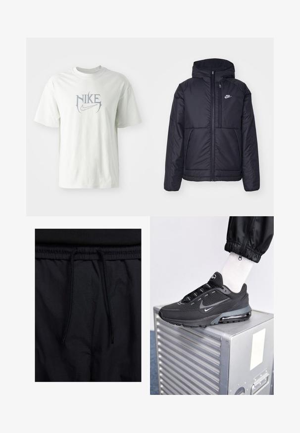 Chaqueta acolchada negra de Nike con cremallera frontal y capucha. Presenta un logo blanco en el lado izquierdo del pecho y dos bolsillos frontales. Textura exterior suave.; Camiseta de algodón blanca con un escote redondo. Presenta un gran logo de Nike en gris con una tipografía estilizada en el centro. Mangas cortas.; Pantalones cortos negros con cinturilla ajustable, tejido ligero con una textura suave y un diseño sencillo sin logotipos visibles ni patrones.; Nike Sportswear PULSE - Zapatillas - black/anthracite