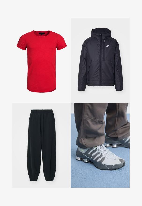 Schwarze, gepolsterte Nike-Jacke mit Frontreißverschluss und Kapuze. Hat ein weißes Logo auf der linken Brust und zwei Fronttaschen. Glattes äußeres Material.; Rotes Baumwoll-T-Shirt mit Rundhalsausschnitt, kurzen, aufgerollten Ärmeln und leicht abgerundetem Saum. Der Stoff hat eine subtile Textur und ist körpernah geschnitten.; Schwarze Sweatpants mit elastischem Bund, lockerer Passform, gerippten Beinabschlüssen, glatter Textur und ohne sichtbare Muster oder Hardware-Akzente.; Graue und silberne Nike Shox Sneakers zeichnen sich durch ein schlankes Design aus, mit Netz- und Synthetikmaterialien, einer abgerundeten Zehenpartie und einem gepolsterten Schuhkragen.