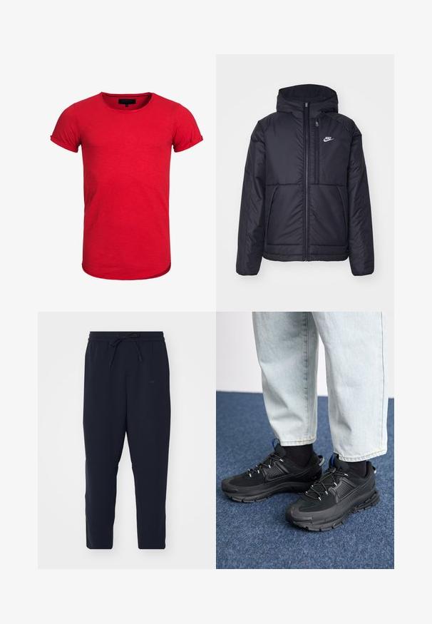 Giacca Nike nera, imbottita, con zip frontale e cappuccio. Presenta un logo bianco sul lato sinistro del petto e doppie tasche frontali. Texture esterna liscia.; T-shirt in cotone rosso con scollatura rotonda, maniche corte arrotolate e orlo leggermente curvato. Il tessuto ha una texture sottile ed è aderente.; Pantaloni jogger blu navy realizzati in un morbido tessuto, dotati di cintura elastica con cordino, gambe affusolate e tasche laterali.; Scarpe sportive nere con tessuto testurizzato e suole in gomma, dotate di lacci elastici e un accento blu sul tallone. Indossate con pantaloni in denim chiaro.
