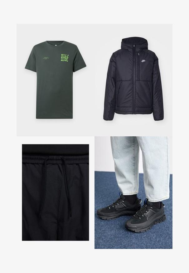 Svart, vadderad Nike-jacka med dragkedja framtill och huva. Har en vit logotyp på vänster bröst och dubbla framfickor. Slät yttextur.; Mörkgrön t-shirt i bomull med korta ärmar. Framsidan har en stor grön "NIKE"-logotyp och mindre text, klassisk rund halsringning, slät textur.; Svarta shorts med dragsko i midjan, lättviktig tyg med en slät yta och en enkel design utan synliga logotyper eller mönster.; Svarta sportskor med texturerat tyg och gummisulor, med elastiska snörningar och en blå detalj på hälen. Bärs med ljusa jeans.