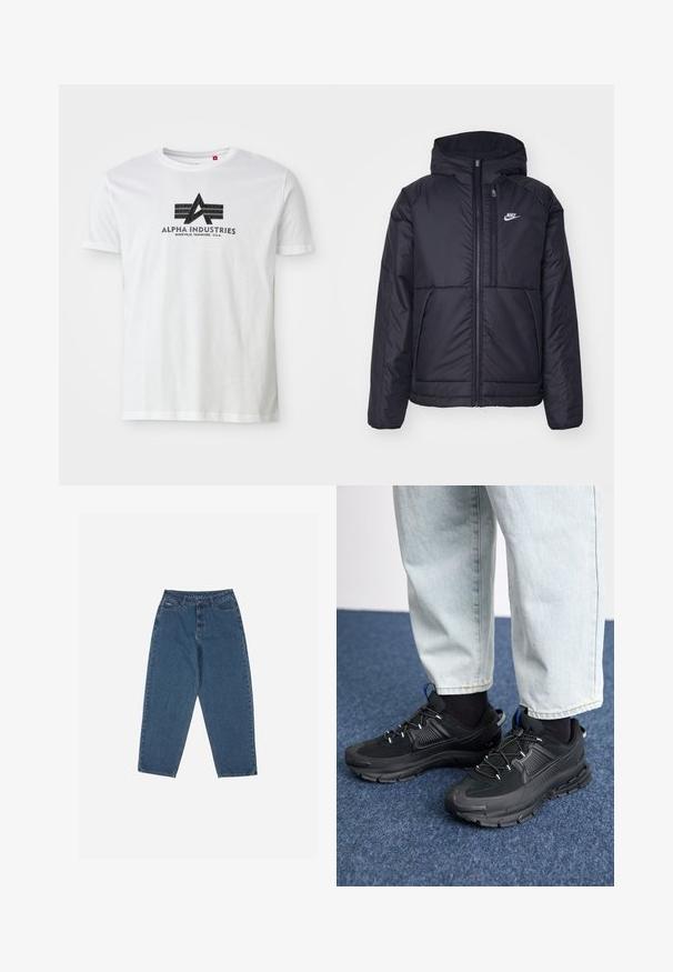Svart, vadderad Nike-jacka med dragkedja framtill och huva. Har en vit logotyp på vänster bröst och dubbla framfickor. Slät yttextur.; Vit bomullströja med en svart grafisk logotyp som har ett "A" och två horisontella stripes, märkt "Alpha Industries" och med platsinformation nedanför.; Blå denimjeans med avslappnad passform, hög medium, femficksdesign och sömnadsdetaljer. Har knapp- och dragkedjestängning.; Svarta sportskor med texturerat tyg och gummisulor, med elastiska snörningar och en blå detalj på hälen. Bärs med ljusa jeans.