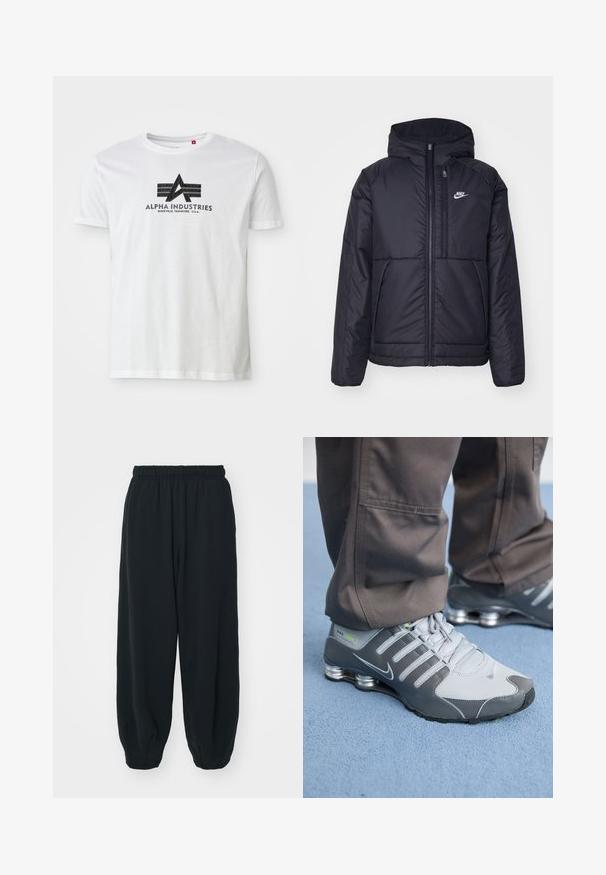 Črna, podložena Nike jakna z sprednjim zadrgo in kapuco. Ima bel logo na levem prsnem delu in dvojna sprednja žepa. Gladka zunanja tekstura.; Bela bomba iz bombažne tkanine z črnim grafičnim logotipom z "A" in dvema horizontalnima črtama, označena z "Alpha Industries" in podrobnimi informacijami o lokaciji.; Črne, elastične hlače za prosti čas z ohlapnim krojem, manšetami na gležnjih, gladko teksturo in brez vidnih vzorcev ali dodatkov.; Sive in srebrne Nike Shox teniske imajo eleganten dizajn, z mrežastimi in sintetičnimi materiali, zaobljenim nosom in oblazinjenim ovratnikom.