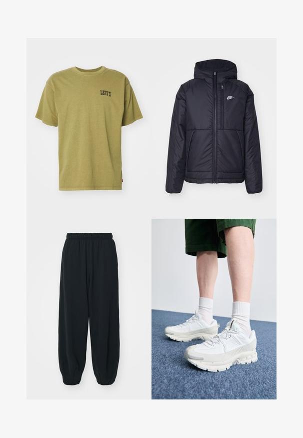 Must musta Nike jope, millel on ees lukuga avamine ja kapuuts. Vasakpoolne rind on kaunistatud valge logoga ning ees on kaks taskut. Sile välimine tekstuur.; Oliivroheline puuvillane T-särk lühikeste varrukatega, ümar kaelus ja väike must "LEVI'S" logo vasakul rinnal. Sile tekstuur, mugav lõike.; Mustade elastse vöökoha ja laia lõikega dressipüksid, mansetiga sääred, sile tekstuur ning ilma nähtavate mustrite või detailideta.; Valged sportsijalatsid tekstuursete pealsete, kopsaka tallaga ja hallide aktsentidega. Kanda valgete lühikeste sokkidega ja roheliste lühikeste pükstega sinisel pinnal.