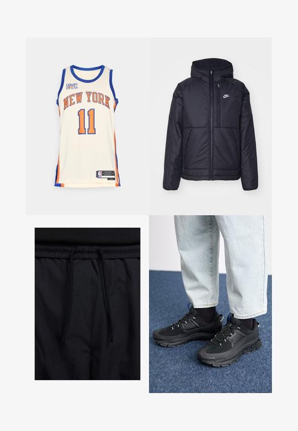 Svart, polstret Nike-jakke med frontglidelås og hette. Har en hvit logo på venstre bryst og doble frontlommer. Glatt ytterside.; New York Knicks basketballtrøye i kremhvit, med blå og oransje detaljer, stor "NEW YORK"-tekst, nummer 11 og Nike-logo.; Sorte shorts med snor i livet, lett stoff med en jevn tekstur, og et enkelt design uten synlige logoer eller mønstre.; Svarte sportssko med teksturert stoff og gummisåler, med elastiske lisser og en blå detalj på hælen. Brukt med lyse denimbukser.