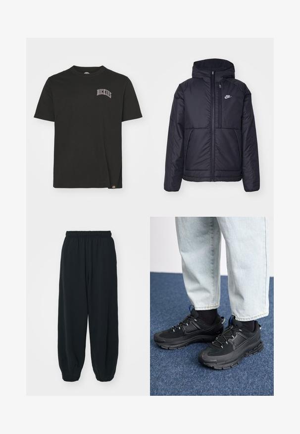 Čierna, polstrovaná bunda Nike so zipsom vpredu a kapucňou. Na ľavej strane hrude sa nachádza biele logo a sú tu dva predné vrecká. Hladký vonkajší povrch.; Dickies AITKIN CHEST TEE - Tričko s potlačou - black/plum perfect; Čierne tepláky s elastickým pásom, vo voľnom strihu, s manžetami na členkoch, hladkej textúry a bez viditeľných vzorov alebo kovových doplnkov.; Čierne športové topánky s textúrovanou tkaninou a gumovou podrážkou, so elastickými šnúrkami a modrým akcentom na päte. Nosia sa s svetlými riflami.