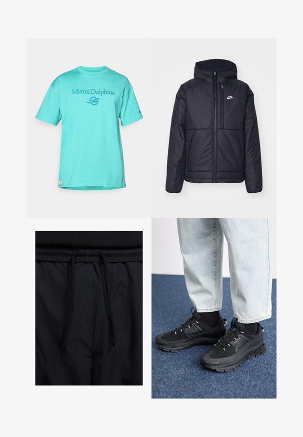 Melna, pufota Nike jaka ar priekšējo rāvējslēdzēju un kapuci. Iezīmēta ar baltu logotipu uz kreisās krūtis un divām priekšējām kabatām. Gluda ārējā tekstūra.; Tirkīza kokvilnas T-kreklis ar "Miami Dolphins" tekstu un zilā izšuvuma logotipu. Iekļauj īsās piedurknes un ribinātu apļa kaklu.; Melni šorti ar sašūtu jostu, viegls audums ar gludu tekstūru un vienkāršs dizains bez redzamiem logotipiem vai paraugiem.; Melni sporta apavi ar strukturētu audumu un gumijas zoli, ar elastīgām auklām un zilu akcentu uz papēža. Nēsāti ar gaišām džinsu biksēm.