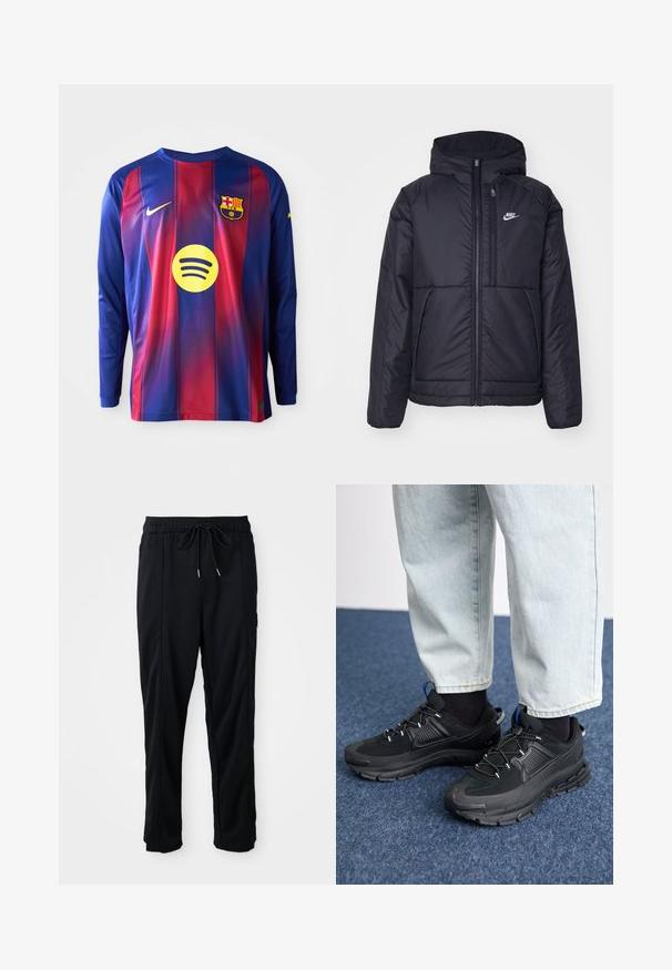 Casaco Nike preto, acolchoado, com fecho à frente e capuz. Apresenta um logo branco no lado esquerdo do peito e dois bolsos frontais. Textura exterior lisa.; Camisa de futebol de manga longa com riscas verticais azuis e vermelhas, logo da Nike, brasão do Barcelona e um logótipo circular da Spotify no centro.; Calças casuais pretas com cordão na cintura, com bolsos laterais e corte reto, sobre um fundo simples.; Sapatilhas desportivas pretas com tecido texturizado e solas em borracha, apresentando atacadores elásticos e um detalhe azul no calcanhar. Usadas com calças de ganga claras.