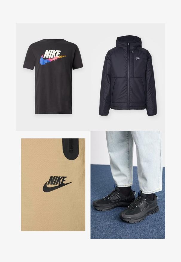 Juodas, paminkštintas Nike džemperis su priekyje užtrauktuku ir gobtuvu. Pasižymi balta logo kairėje krūtinės pusėje ir dviem priekinėmis kišenėmis. Su lygiu išoriniu paviršiumi.; Juodas medvilninis marškinėliai su dideliu baltu "Nike" logotipu ir spalvingu gradientiniu swoosh dizainu mėlynos, rožinės ir geltonos spalvų. Apvalus iškirptė, trumpomis rankovėmis.; Nike smėlinis audinys su lygiu tekstūru, turintis išryškintą juodą logotipo dizainą. Viršuje yra trumpas juodas užtrauktukas.; Juodi sportiniai bateliai su tekstūruota medžiaga ir guminiais padais, su elastingomis raišteliais ir mėlynu akcentu ant kulno. Dėvimi su šviesiai mėlynomis džinsinėmis kelnėmis.