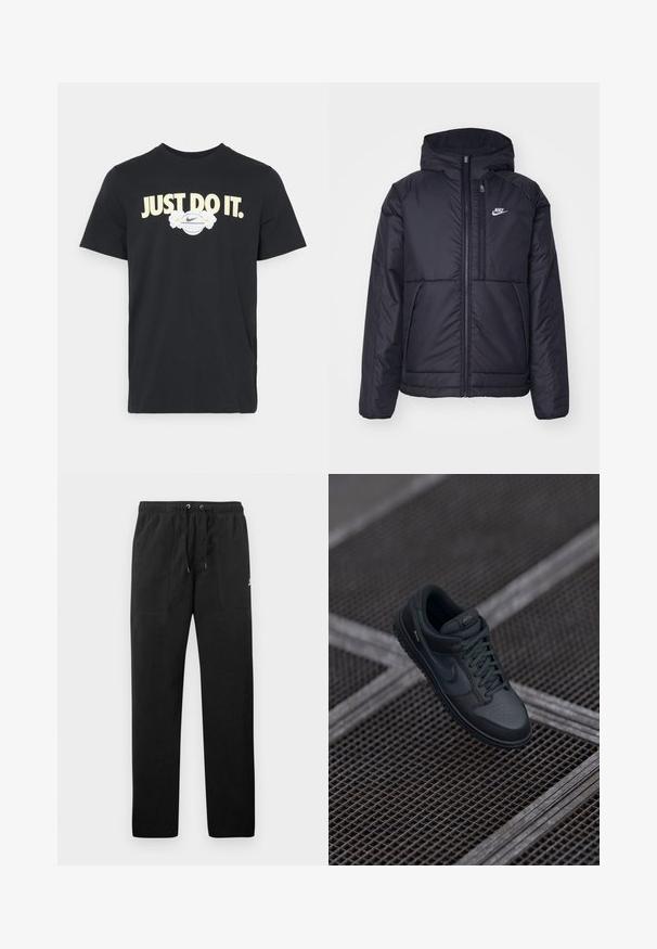 Svart, polstret Nike-jakke med frontglidelås og hette. Har en hvit logo på venstre bryst og doble frontlommer. Glatt ytterside.; Svart bomull t-skjorte med rund hals, korte ermer og dristig "JUST DO IT." tekst med blomsterdetaljer og et Nike-logo.; Sorte joggebukser laget av fleece, med elastisk liv med snøring, to frontlommer og en liten logo på låret.; Sorte skinnesneaker fra Nike med rund tå, perforert front og teksturert gummisåle. Inkluderer lisser og diskret merkevare.