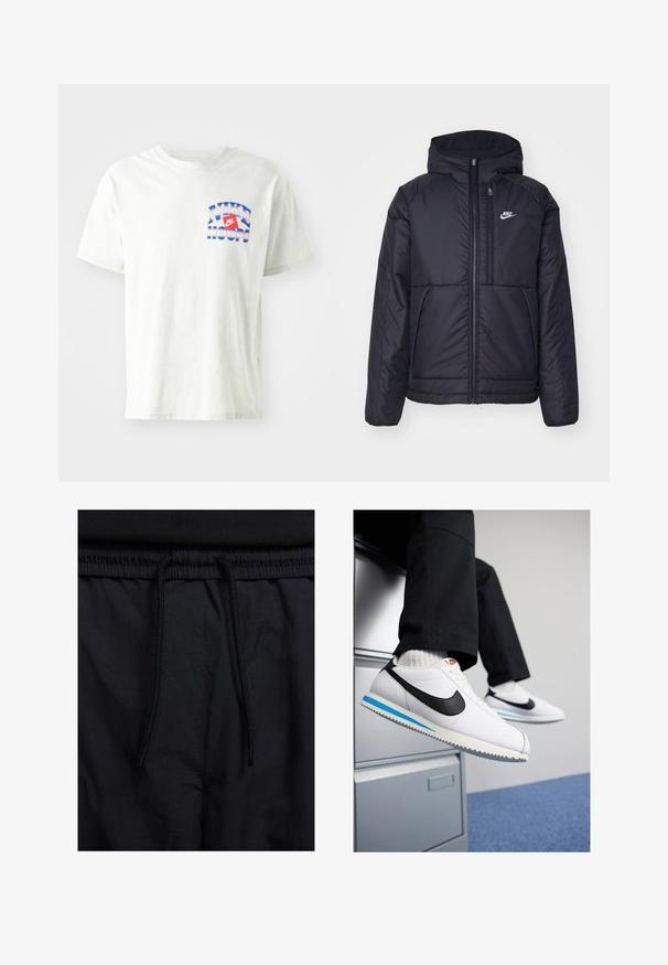 Musta, pehmustettu Nike-takki, jossa on etuvetoketju ja huppu. Vasemmassa rinnassa on valkoinen logo ja takissa on kaksinkertaiset etutaskut. Pintakoe on sileä.; Vaaleanharmaa puuvillainen t-paita, jossa on pyöreä kaula-aukko. Edessä sininen ja punainen "NIKE HOOPS" -grafiikka. Lyhyet hihat, rento istuvuus.; Mustat shortsit, joissa on naru vyötäröllä, kevyestä kankaasta valmistettu, sileä tekstuuri ja yksinkertainen muotoilu ilman näkyviä logoja tai kuvioita.; Valkoiset nahkakengät, joissa on musta Nike-logomerkki, vaaleansininen ja harmaa kumipohja sekä klassinen nauhakiinnitys. Jalat lepäävät asiakirjakaapilla.