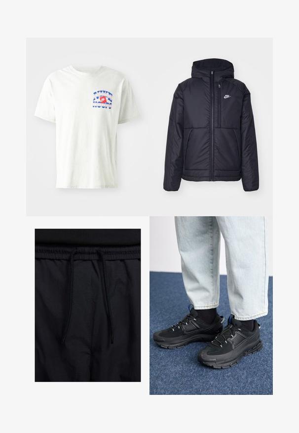 Chaqueta acolchada negra de Nike con cremallera frontal y capucha. Presenta un logo blanco en el lado izquierdo del pecho y dos bolsillos frontales. Textura exterior suave.; Camiseta de algodón de color gris claro con cuello redondo. Presenta un gráfico en azul y rojo de "NIKE HOOPS" en la parte delantera. Mangas cortas, corte relajado.; Pantalones cortos negros con cinturilla ajustable, tejido ligero con una textura suave y un diseño sencillo sin logotipos visibles ni patrones.; Zapatillas deportivas negras con tejido texturizado y suelas de goma, con cordones elásticos y un acento azul en el talón. Combinadas con pantalones de mezclilla claros.