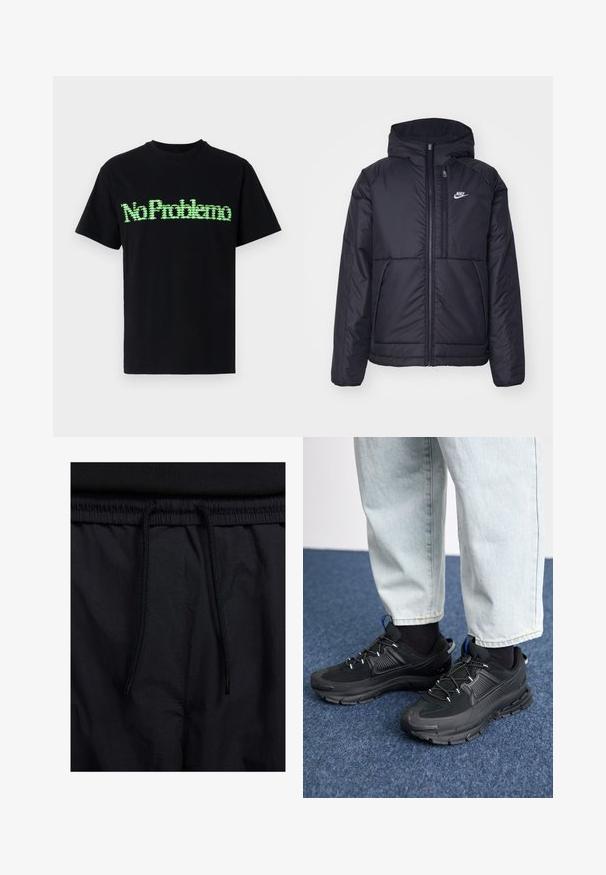 Svart, vadderad Nike-jacka med dragkedja framtill och huva. Har en vit logotyp på vänster bröst och dubbla framfickor. Slät yttextur.; Svart bomulls t-shirt med en grön pixeliserad grafisk text "No Problemo" på framsidan. Korta ärmar och rundad halsringning.; Svarta shorts med dragsko i midjan, lättviktig tyg med en slät yta och en enkel design utan synliga logotyper eller mönster.; Svarta sportskor med texturerat tyg och gummisulor, med elastiska snörningar och en blå detalj på hälen. Bärs med ljusa jeans.