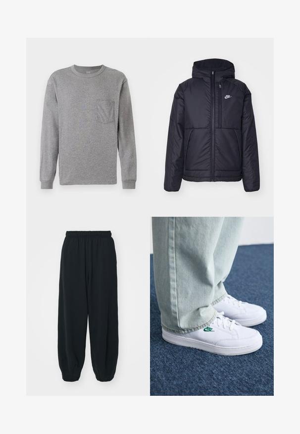 Jachetă Nike neagră, căptușită, cu fermoar pe față și glugă. Prezintă un logo alb pe pieptul stâng și două buzunare frontale. Textură exterioară netedă.; Tricou gri cu mânecă lungă, cu guler rotund, având un buzunar pe piept și manșete ribbate. Fabricat dintr-un material de bumbac moale și ușor.; Pantaloni de trening negri, cu talie elastică, cu o croială lejeră, la baza pantaloni fiind strânși, având o textură netedă și fără modele sau accente metalice vizibile.; Adidași din piele albă cu logo-ul Nike verde, vârf rotund, talpă plată, asortați cu pantaloni din denim bleu deschis, prezentați pe un covor albastru.