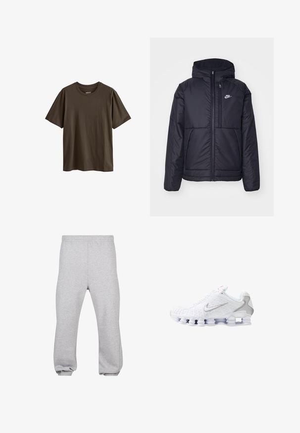 Sort, polstret Nike-jakke med frontlynlås og hætte. Har et hvidt logo på venstre bryst og to frontlommer. Glat ydre tekstur.; Mørkebrun bomulds T-shirt med korte ærmer og rund hals. Glat tekstur, enkel design og ingen synlige mønstre eller accenter.; Grå sweatpants lavet af bomuldsblanding, med elastisk talje, tapered ben og manchetter. Enkel design uden mønstre.; Hvide sportssko med en tekstureret overdel, en sølvfarvet swoosh-logo, meshpaneler og en karakteristisk opdelt hvid sål.