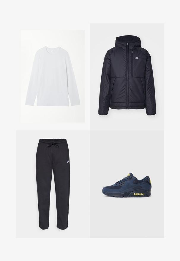Schwarze, gepolsterte Nike-Jacke mit Frontreißverschluss und Kapuze. Hat ein weißes Logo auf der linken Brust und zwei Fronttaschen. Glattes äußeres Material.; Ein einfarbiges, weißes Langarm-T-Shirt mit Rundhalsausschnitt flach auf einem weißen Hintergrund präsentiert.; Schwarze Sweatpants aus weichem Stoff mit elastischem Bund, Kordelzug und kleinem Nike-Logo auf dem linken Oberschenkel.; Dunkelblaue Nike Air Max Sneaker mit Obermaterial aus Wildleder und Mesh, ausgestattet mit gelben Akzenten, Schnürung vorne und sichtbarer Luftpolsterung in der Sohle.