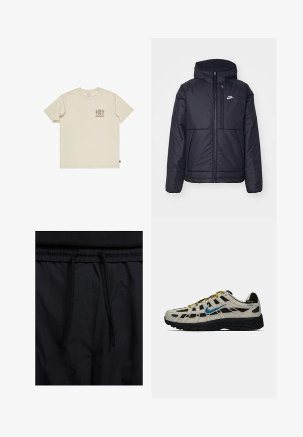 Čierna, polstrovaná bunda Nike so zipsom vpredu a kapucňou. Na ľavej strane hrude sa nachádza biele logo a sú tu dva predné vrecká. Hladký vonkajší povrch.; Bežové bavlnené tričko s malou, viacfarebnou grafikou na hrudi. Okrúhly výstrih a krátke rukávy. Uvoľnený strih s božným štítkom.; Čierne šortky s pásom na stiahnutie, z ľahkej látky s hladkou textúrou a jednoduchým dizajnom bez viditeľných log alebo vzorov.; Béžovo-čierne tenisky Nike P-6000 s modrým logom, žltými šnúrkami, čiernou podrážkou a visačkou z Cordura látky na päte.