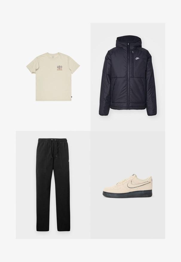 Czarna, pikowana kurtka Nike z przednim zamkiem błyskawicznym i kapturem. Posiada białe logo po lewej stronie klatki piersiowej oraz podwójne kieszenie z przodu. Gładka struktura zewnętrzna.; Beżowa bawełniana koszulka z krótkim rękawem, zdobiona małym, wielokolorowym grafiką na piersi. Okrągły dekolt i luźny krój z boczną metką.; Czarne spodnie dresowe z polaru, z elastycznym paskiem w talii ze sznurkiem, dwiema przednimi kieszeniami oraz małym logo na udzie.; Beżowe zamszowe sneakersy Nike Air Force 1 z czarną gumową podeszwą, przeszyciami, perforowanym noskiem i wyraźnym logo swoosh.