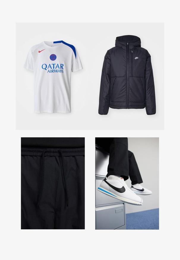 Black, padded Nike jacket with a front zipper and hood. Features a white logo on the left chest and dual front pockets. Smooth exterior texture.; White Nike T-shirt featuring blue accents on the shoulders, red logo, and "QATAR AIRWAYS" printed in blue on the front. Textured fabric.; Black shorts featuring a drawstring waistband, lightweight fabric with a smooth texture, and a simple design without visible logos or patterns.; White leather sneakers with a black Nike swoosh, light blue and grey rubber sole, and classic lace-up design. Feet resting on a filing cabinet.