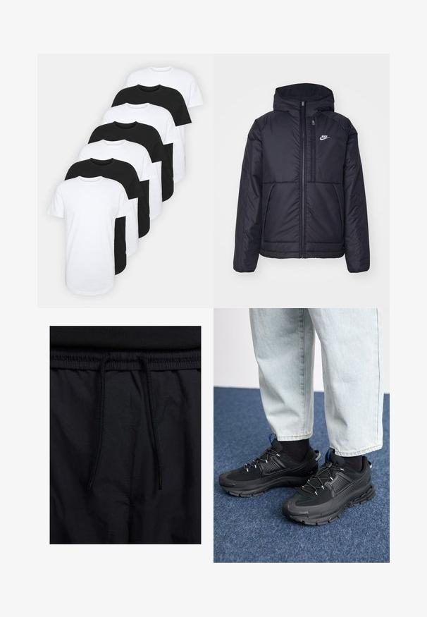 Crna Nike jakna s podstavom, dugmadi sprijeda i kapuljačom. Ima bijeli logotip na lijevoj strani prsnog koša i dva prednja džepa. Glatka vanjska tekstura.; Set od osam majica s okruglim izrezom u crnoj i bijeloj boji. Pamuk, kratki rukavi, standardni kroj, glatka tekstura, s detaljima oznake.; Crne kratke hlače s pojasom na vezanje, lagani materijal s glatkom teksturom i jednostavan dizajn bez vidljivih logotipa ili uzoraka.; Crne atletske cipele s teksturiranom tkaninom i gumene potplate, s elastičnim vezicama i plavim akcentom na peti. Nosene su s svijetlim trapericama.