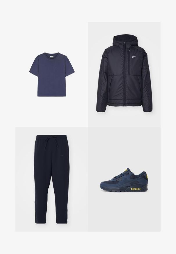 Musta, pehmustettu Nike-takki, jossa on etuvetoketju ja huppu. Vasemmassa rinnassa on valkoinen logo ja takissa on kaksinkertaiset etutaskut. Pintakoe on sileä.; T-paita, jossa on lyhythihainen malli ja tummansininen väri, valmistettu puuvillasta. Siinä on pyöreä kaula-aukko ja rento istuvuus. Pinta on sileä ilman näkyviä kuvioita tai yksityiskohtia.; Tumman siniset jogger-housut pehmeästä kankaasta, joissa on joustava vyötärönyöri, kapenevat lahkeet ja sivutaskut.; Laivastonsiniset Nike Air Max -lenkkarit, joissa on mokkabukseista ja verkkomateriaalista valmistettu yläosa, keltaisia yksityiskohtia, nyöritys etuosassa ja näkyvä ilmanvaimennus pohjassa.