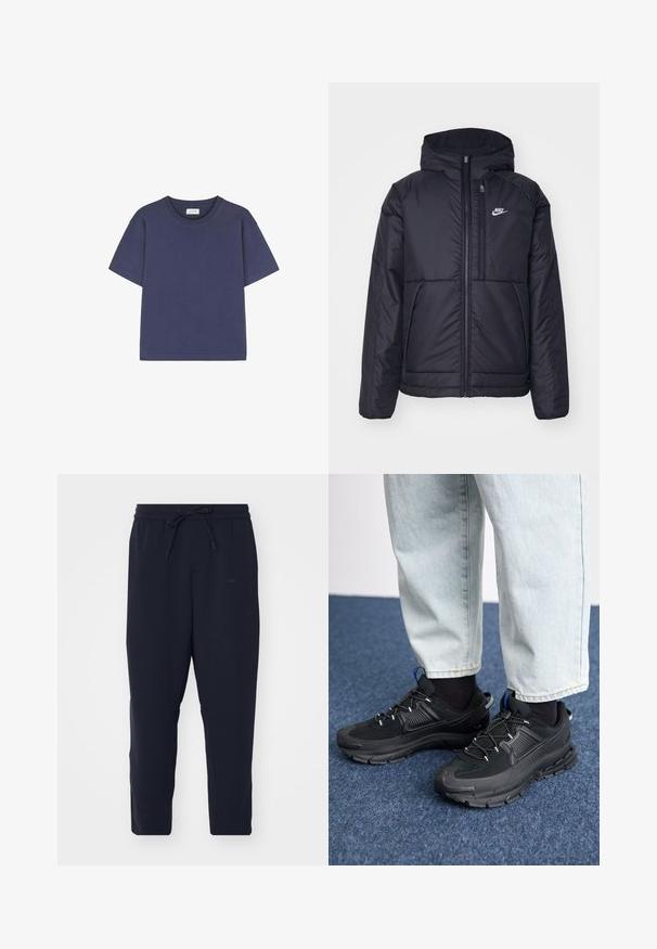 Giacca Nike nera, imbottita, con zip frontale e cappuccio. Presenta un logo bianco sul lato sinistro del petto e doppie tasche frontali. Texture esterna liscia.; T-shirt blu navy a maniche corte realizzato in cotone. Presenta un collo a giro e una vestibilità rilassata. Texture liscia senza motivi o accenti visibili.; Pantaloni jogger blu navy realizzati in un morbido tessuto, dotati di cintura elastica con cordino, gambe affusolate e tasche laterali.; Scarpe sportive nere con tessuto testurizzato e suole in gomma, dotate di lacci elastici e un accento blu sul tallone. Indossate con pantaloni in denim chiaro.