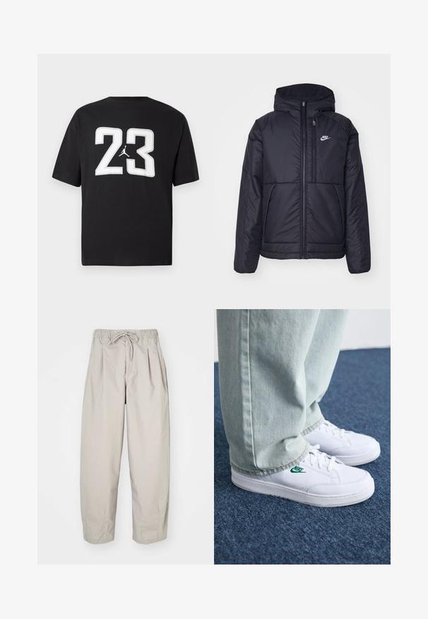 Casaco Nike preto, acolchoado, com fecho à frente e capuz. Apresenta um logo branco no lado esquerdo do peito e dois bolsos frontais. Textura exterior lisa.; T-shirt de algodão preto apresentando um grande "23" branco e um logótipo Jumpman na frente; mangas curtas e um design clássico de gola redonda.; Calças leves, bege, com cintura elástica e cordão. Apresenta pregas e um corte largo, confeccionadas em tecido suave e liso.; Tênis de couro brancos com logo verde da Nike, bico redondo, sola plana, combinados com calças de denim azul claro, exibidos sobre um tapete azul.