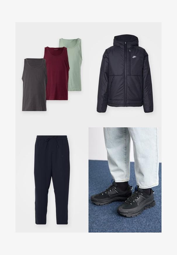 Black, padded Nike jacket with a front zipper and hood. Features a white logo on the left chest and dual front pockets. Smooth exterior texture.; Three tank tops in various colors: dark gray, burgundy, and light green. Each features a smooth texture and a rounded neckline.; Navy jogger pants made of soft fabric, featuring an elastic waistband with a drawstring, tapered legs, and side pockets.; Black athletic shoes with textured fabric and rubber soles, featuring elastic laces and a blue accent on the heel. Worn with light denim pants.
