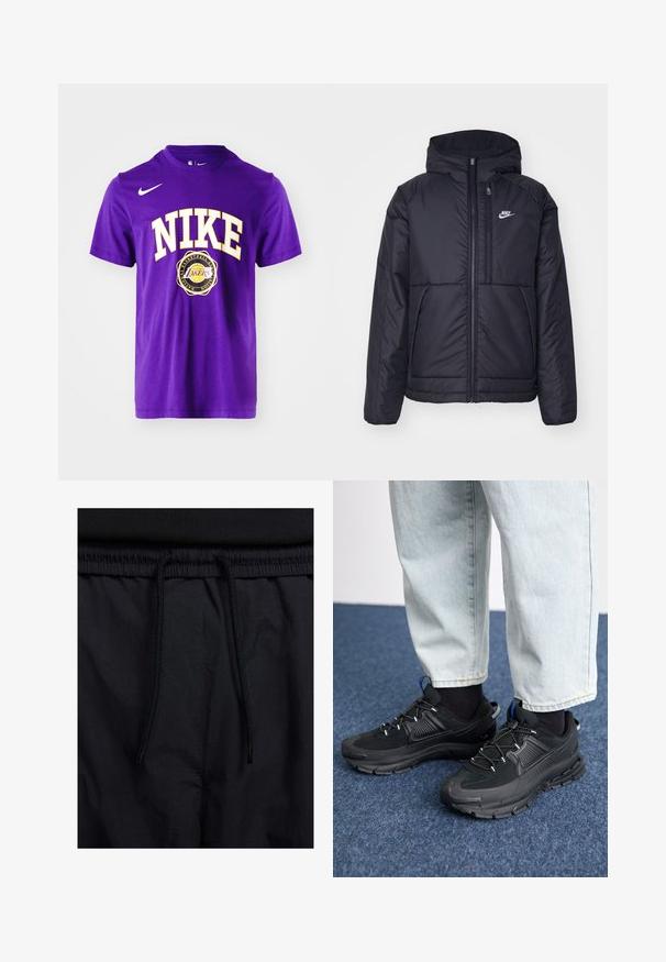 Must musta Nike jope, millel on ees lukuga avamine ja kapuuts. Vasakpoolne rind on kaunistatud valge logoga ning ees on kaks taskut. Sile välimine tekstuur.; Lilla puuvillane T-särk, millel on valge "NIKE" tekst kollase äärisega ja Los Angeles Lakersi logo keskel allpool. Ümar kaelus ja lühikesed varrukad.; Mustad lühikesed püksid, millel on paelaga vöökoht, kerge kangas, mis on sileda tekstuuriga ning lihtne disain ilma nähtavate logode või mustriteta.; Mustad mustad jooksukingad, millel on tekstureeritud kangas ja kummist tallad, elastsed nöörid ning sinine aksent kandadel. Kandmine heledate teksadega.
