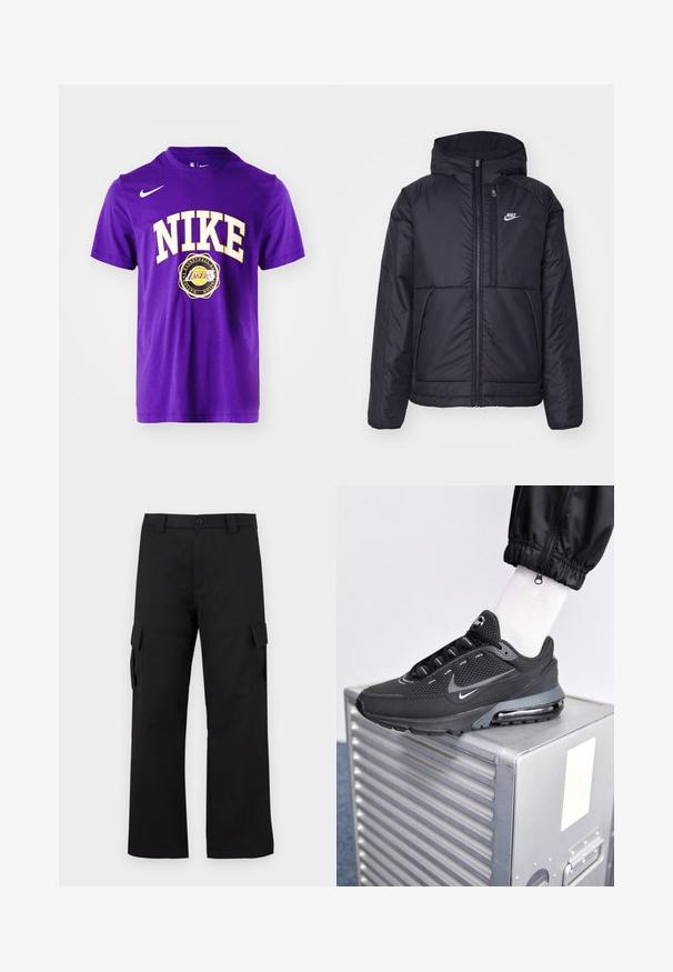 Chaqueta acolchada negra de Nike con cremallera frontal y capucha. Presenta un logo blanco en el lado izquierdo del pecho y dos bolsillos frontales. Textura exterior suave.; Camiseta de algodón morada con texto en blanco "NIKE" y un contorno amarillo, con un logo de Los Angeles Lakers centrado debajo. Cuello redondo y mangas cortas.; Pantalones cargo negros con un diseño de pierna recta. Fabricados con un tejido duradero, cuentan con dos bolsillos laterales con cierres de solapa y una cremallera de botón.; Nike Sportswear PULSE - Zapatillas - black/anthracite