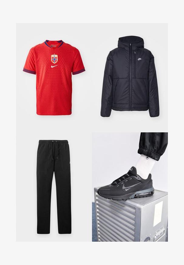 Černá zateplená bunda Nike s předním zipem a kapucí. Na levé straně hrudi má bílé logo a dvojité přední kapsy. Hladký povrch.; Červený dres Nike s texturovaným vzorem, s kulatým výstřihem, modrými akcenty na rukávech a znakem národního týmu Norska na hrudi.; Černé teplákové kalhoty vyrobené z fleecu, s elastickým pasem a šňůrkami, dvěma předními kapsami a malým logem na stehně.; Nike Sportswear PULSE - Tenisky - black/anthracite