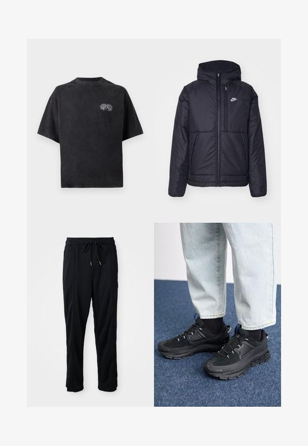 Juodas, paminkštintas Nike džemperis su priekyje užtrauktuku ir gobtuvu. Pasižymi balta logo kairėje krūtinės pusėje ir dviem priekinėmis kišenėmis. Su lygiu išoriniu paviršiumi.; Juoda per didelė medvilninė marškinėlių su apvalia iškirpte. Kairiajame krūtinės šone yra balta siuvinėjimo detalė. Trumpi rankovės.; Juodos laisvos kelnės su raišteliu liemens, šoninėmis kišenėmis ir tiesiu kirpimu ant vienodos fono.; Juodi sportiniai bateliai su tekstūruota medžiaga ir guminiais padais, su elastingomis raišteliais ir mėlynu akcentu ant kulno. Dėvimi su šviesiai mėlynomis džinsinėmis kelnėmis.