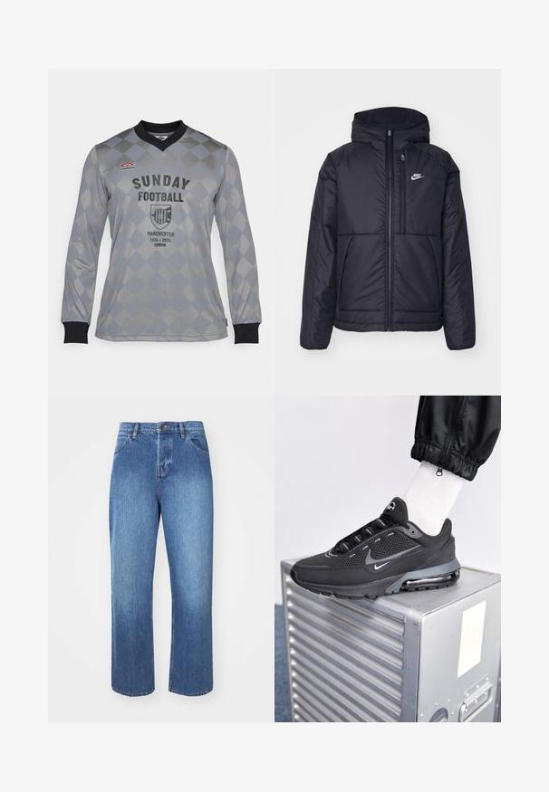 Černá zateplená bunda Nike s předním zipem a kapucí. Na levé straně hrudi má bílé logo a dvojité přední kapsy. Hladký povrch.; Umbro FOOTBALL - Klubové oblečení - quiet shade; Džíny z denimu v středně modré barvě, s rovnými nohavicemi, tradičním pětikapsovým designem a klasickým zapínáním na knoflík a zip.; Nike Sportswear PULSE - Tenisky - black/anthracite