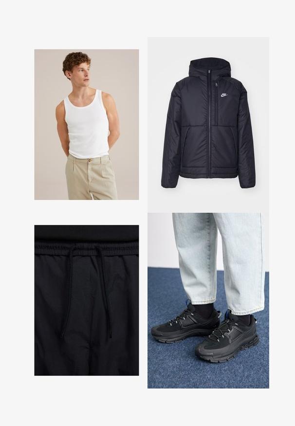 Fekete, párnázott Nike dzseki elülső cipzárral és kapucnival. A bal mellen fehér logó található, valamint két elülső zseb. Simának tűnő külső felület.; Fehér pamut trikó, kerek nyakkivágással és széles pántokkal, világos bézs nadrággal, amelynek gombja és redőzete van.; Fekete rövidnadrág, húzózsinórral ellátott derékrésszel, könnyű anyagból, sima felszínen, egyszerű dizájnnal, látható logók vagy minták nélkül.; Fekete sportcipők texturált anyaggal és gumitalppal, elasztikus fűzőkkel és kék kiegészítővel a saroknál. Világos farmernadrággal viselve.