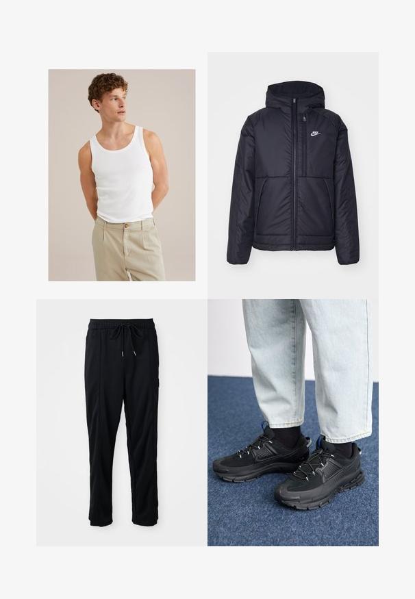 Juodas, paminkštintas Nike džemperis su priekyje užtrauktuku ir gobtuvu. Pasižymi balta logo kairėje krūtinės pusėje ir dviem priekinėmis kišenėmis. Su lygiu išoriniu paviršiumi.; Balta medvilninė tankų palaidinė su apvalia iškirpte ir plačiomis petnešomis, derinama su šviesiai smėlinėmis kelnių, kurios turi mygtuką ir klostes.; Juodos laisvos kelnės su raišteliu liemens, šoninėmis kišenėmis ir tiesiu kirpimu ant vienodos fono.; Juodi sportiniai bateliai su tekstūruota medžiaga ir guminiais padais, su elastingomis raišteliais ir mėlynu akcentu ant kulno. Dėvimi su šviesiai mėlynomis džinsinėmis kelnėmis.