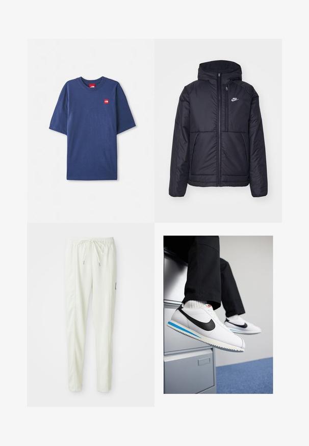 Črna, podložena Nike jakna z sprednjim zadrgo in kapuco. Ima bel logo na levem prsnem delu in dvojna sprednja žepa. Gladka zunanja tekstura.; Mornarško modra kratkodlačna majica iz bombaža, s krožnim izrezom in majhno rdečo oznako na prsih.; Beli ožji jogger hlače s prilagodljivim pasom in vrvico, z bočnimi šivi in majhnim črnim patcheom na desni nogi.; Bele usnjene teniske z črnim Nikeovim simbolom, svetlo modrim in sivo gumijastim podplatom ter klasičnim vezalnim dizajnom. Noge so poležane na omarici za dokumente.