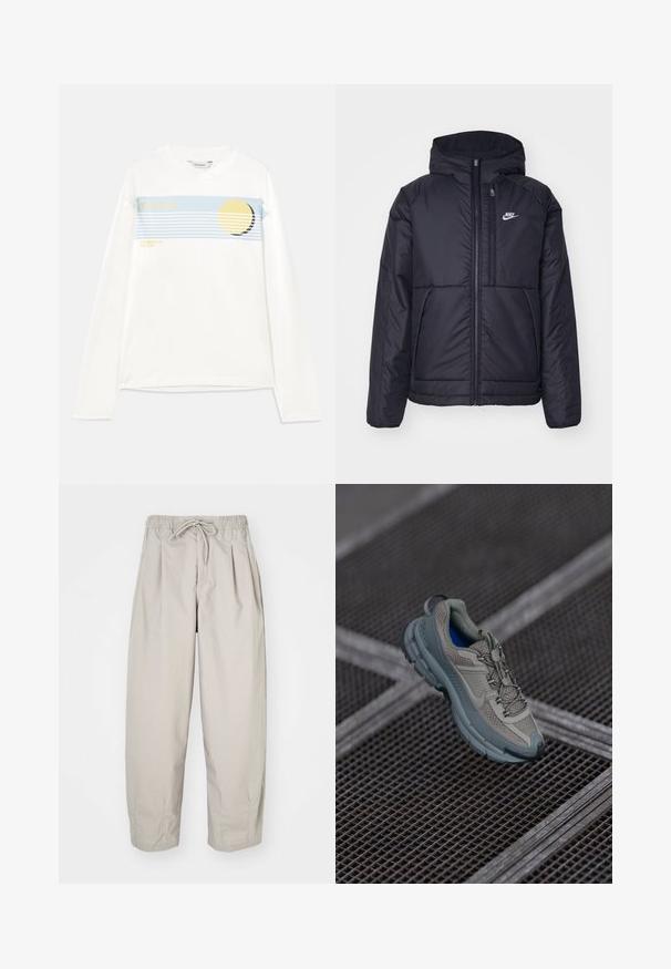 Sort, polstret Nike-jakke med frontlynlås og hætte. Har et hvidt logo på venstre bryst og to frontlommer. Glat ydre tekstur.; Hvid langærmet t-shirt med et blåt grafisk stribe, et gult cirkulært design og teksten "Holzweiler" og "SUMMER 25 THE SUN." Blødt bomuldsstof.; Beige, lette bukser med elastisk talje og snor. Har plisseringer og en løs pasform, lavet af blødt, glat stof.; Beige og grå sportsko med tekstureret mesh-overdel, rund tå og gummisål, med snørebånd og polstret krave.