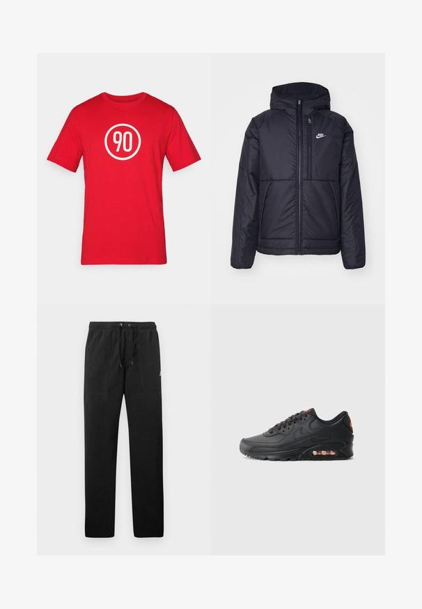 Chaqueta acolchada negra de Nike con cremallera frontal y capucha. Presenta un logo blanco en el lado izquierdo del pecho y dos bolsillos frontales. Textura exterior suave.; Camiseta de algodón roja con un gráfico circular blanco que presenta el número "90" en el centro. Cuello redondo clásico y mangas cortas.; Pantalones deportivos negros de felpa, con una cinturilla elástica con cordones, dos bolsillos delanteros y un pequeño logo en el muslo.; Zapatillas Nike Air Max 90 con parte superior sintética negra, acabado texturizado, cierre de cordones, unidad de aire visible y logo de acento en naranja.